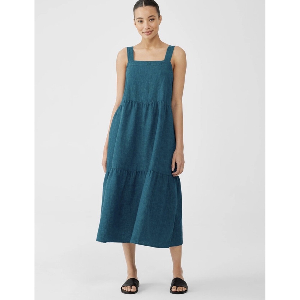 Eileen Fisher Washed Organic Linen Delave Tiered Reef Dress Size XS Minimalist - Picture 2 of 12